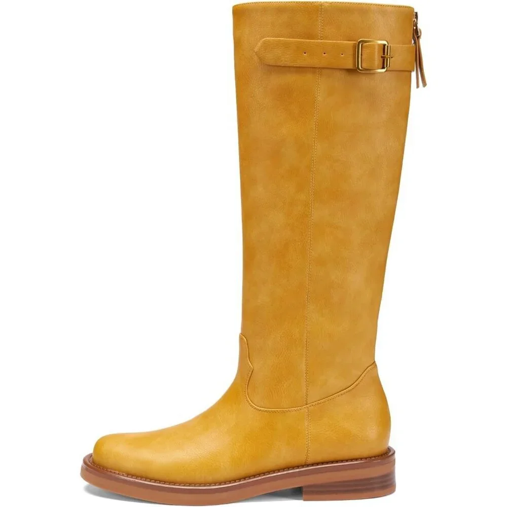 Women's Yellow Chunky Square Toe Tall Boots Low Heel Zipper Knee High Boots